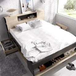 Letto matrimoniale 160x200cm con cassettoni e libreria rovere antracite Nolito