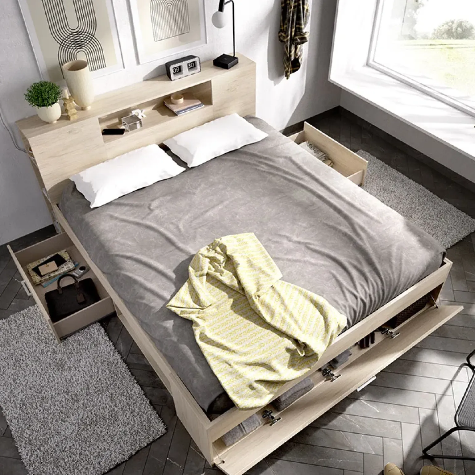 Letto matrimoniale 160x200cm con cassettoni e libreria rovere Nolito