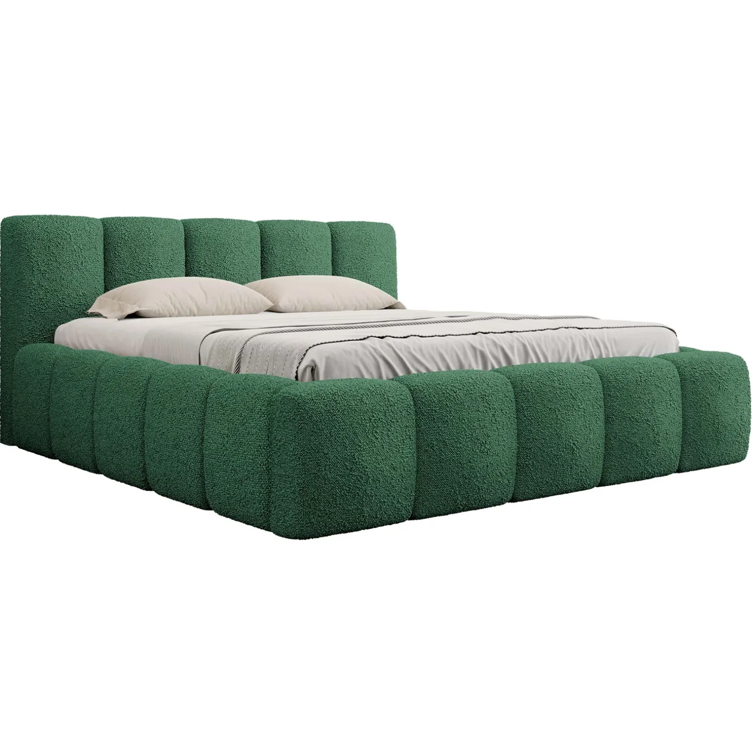 Letto matrimoniale 160x200cm con rete contenitore imbottito tessuto bouclé verde Aluna