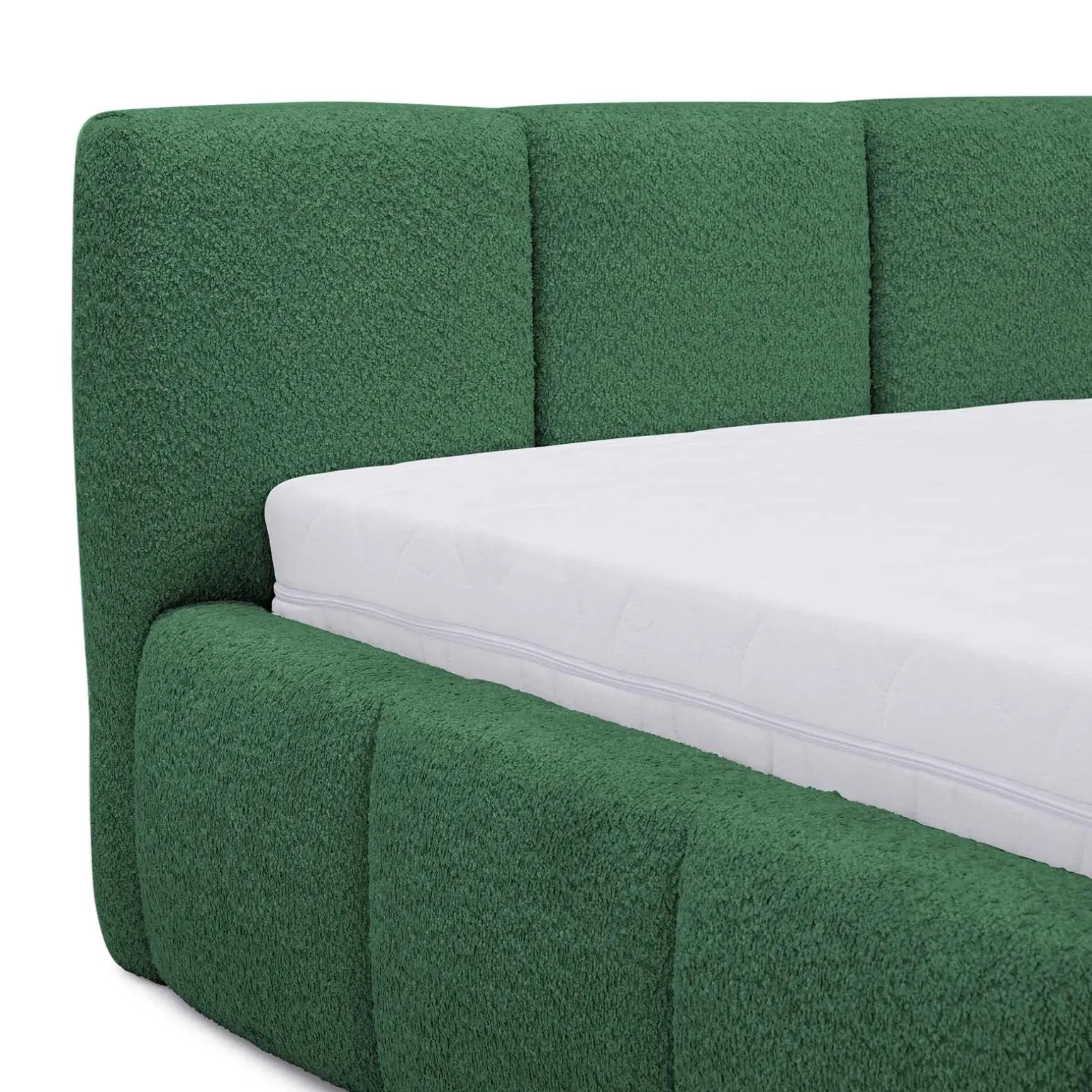 Letto matrimoniale 160x200cm con rete contenitore imbottito tessuto bouclé verde Aluna