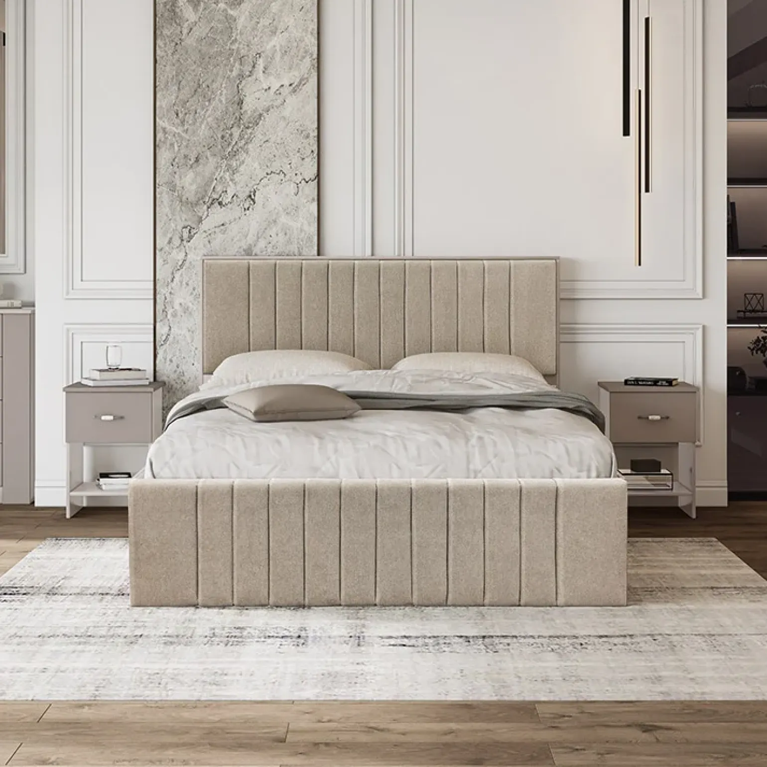 Letto matrimoniale 160x200cm imbottito con contenitore beige Emporio
