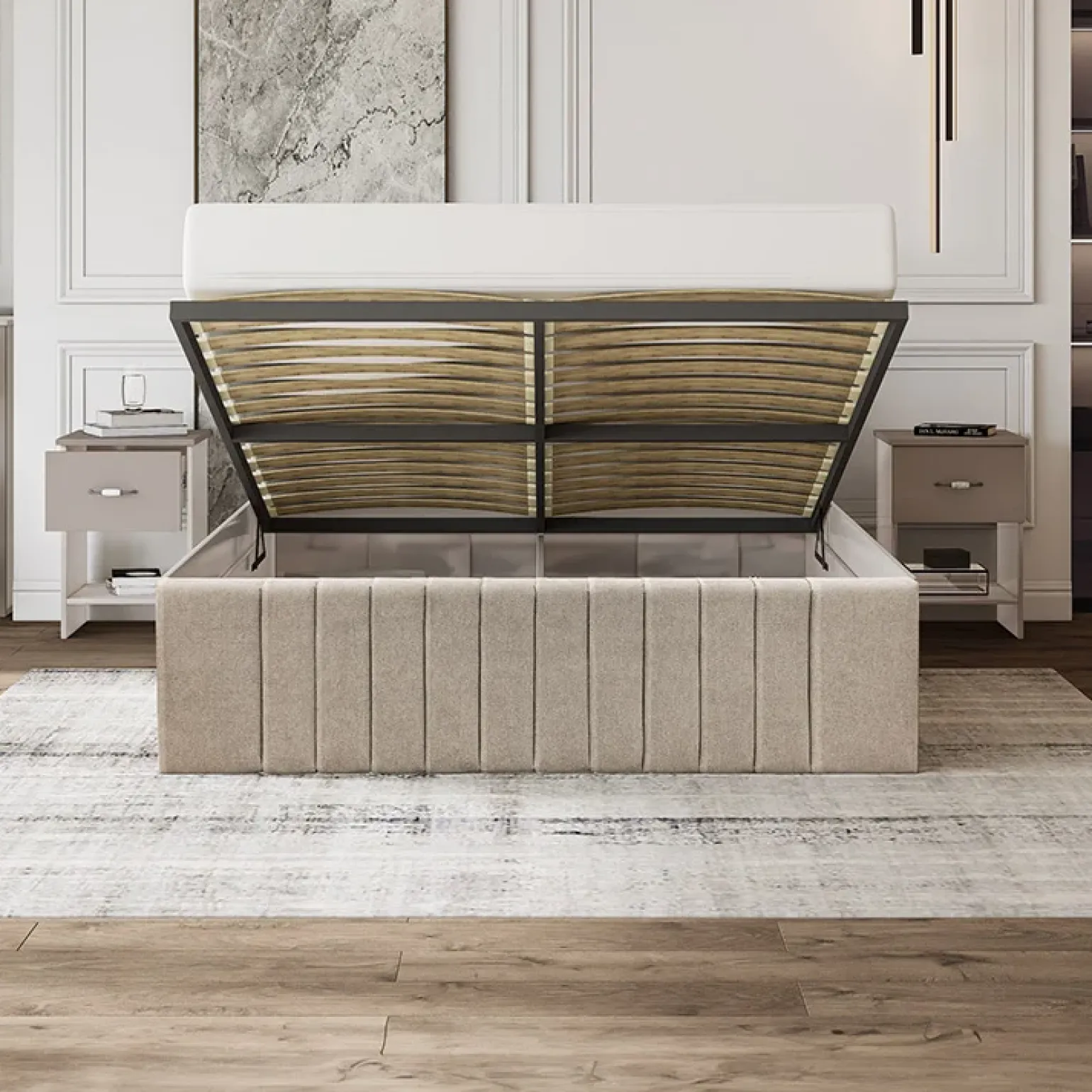 Letto matrimoniale 160x200cm imbottito con contenitore beige Emporio