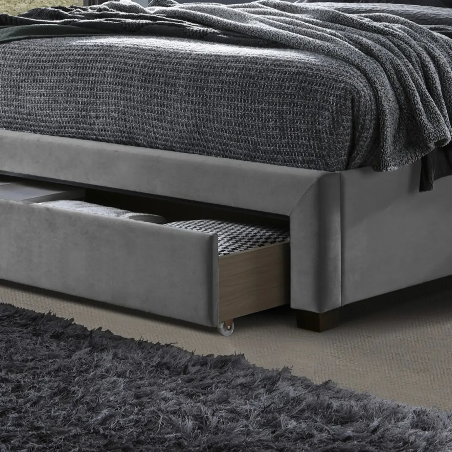 Letto matrimoniale 160x200cm imbottito con cassettoni in velluto grigio Lux
