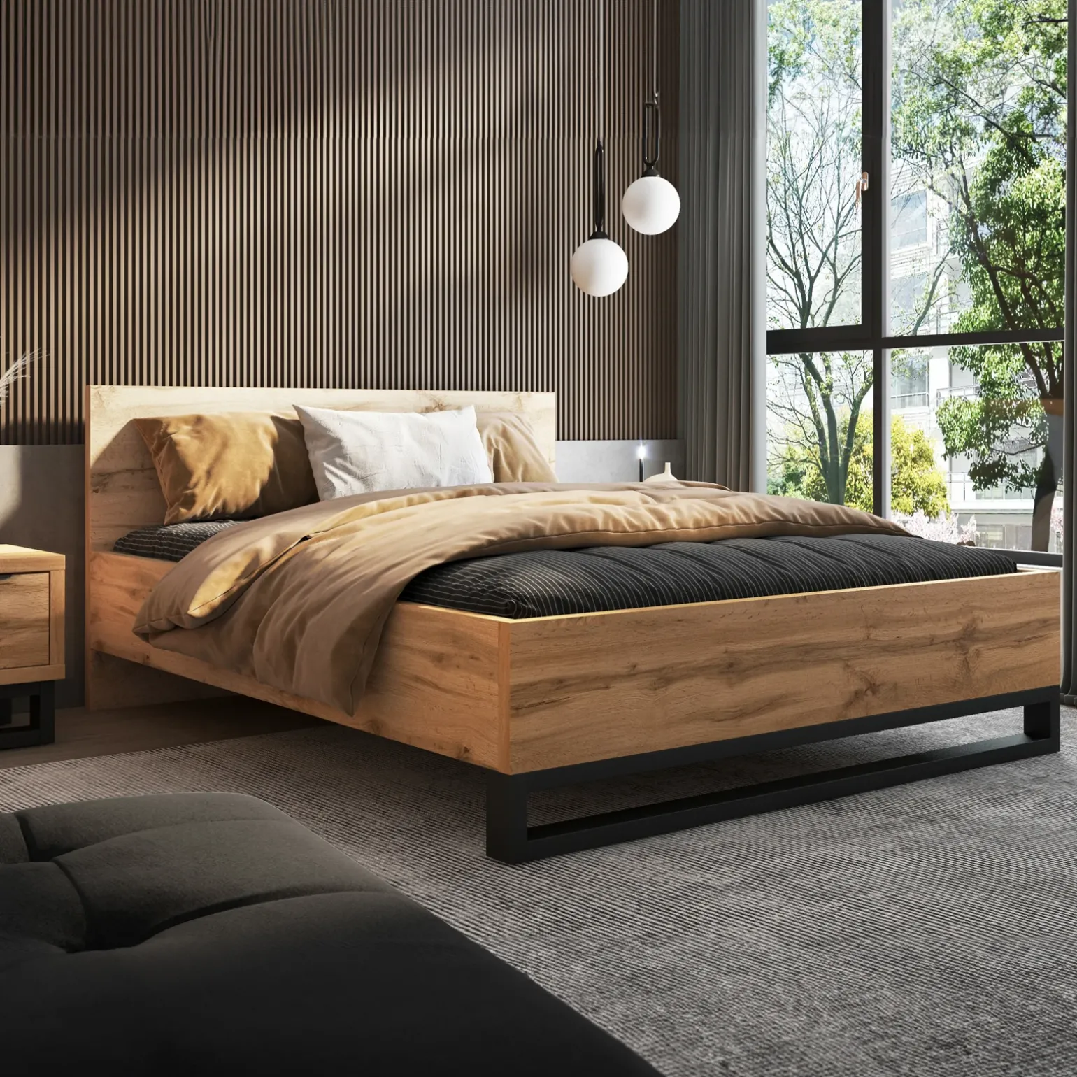 Letto matrimoniale 160x200cm rovere metallo nero industrial Petra