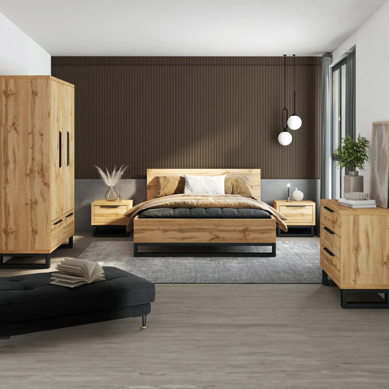 Letto matrimoniale 160x200cm rovere metallo nero industrial Petra
