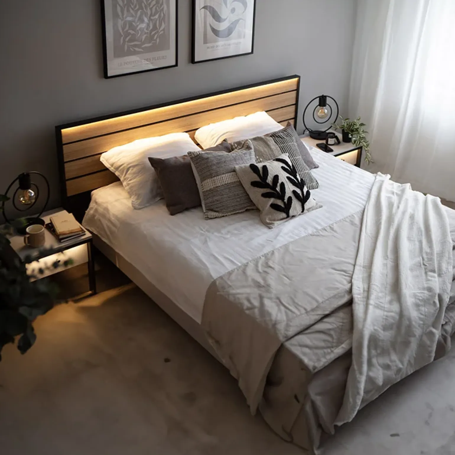 Letto oversize contenitore 180x200cm con LED e presa USB-C grigio nero rovere Luna