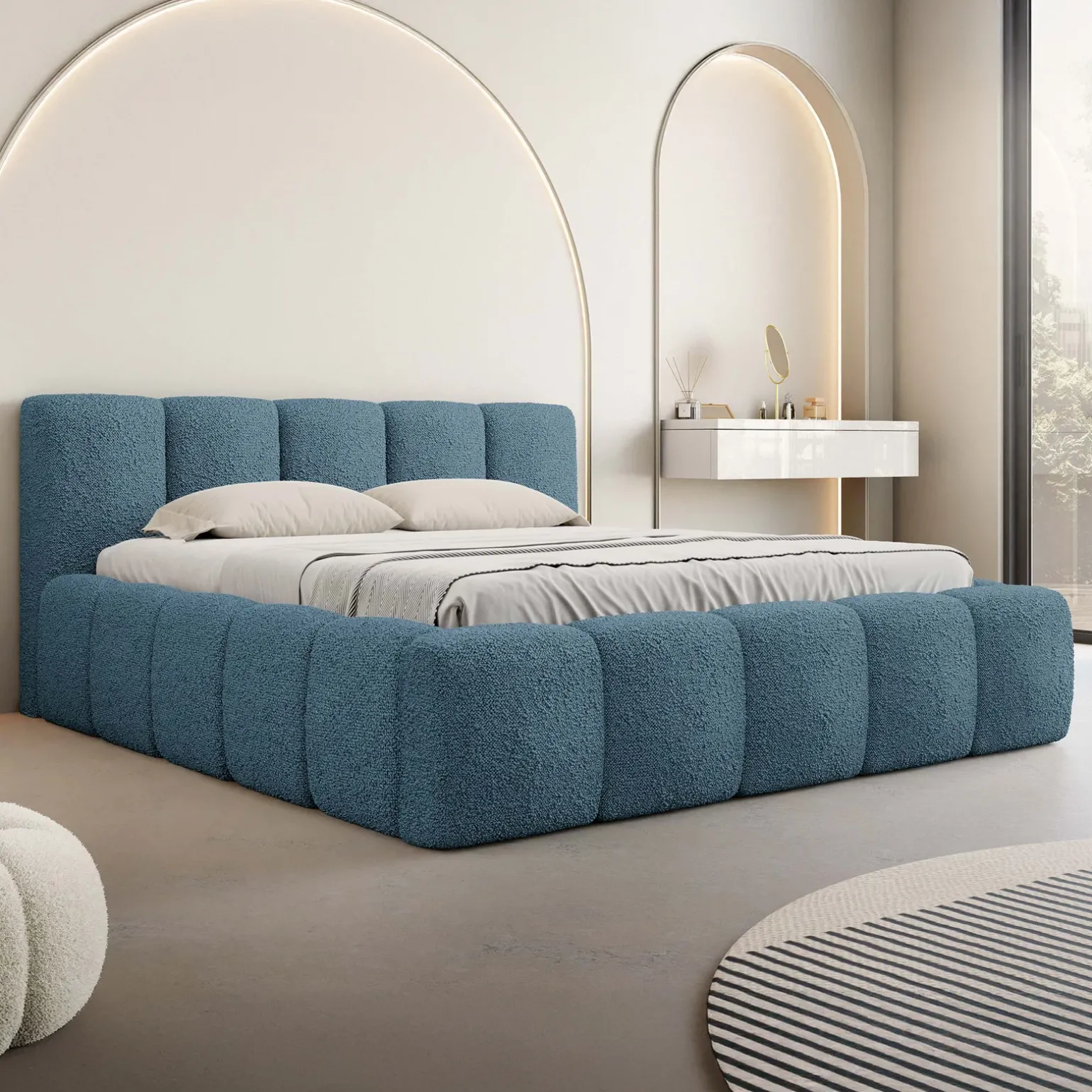 Letto oversize 180x200cm con rete contenitore imbottito tessuto bouclé turchese Aluna