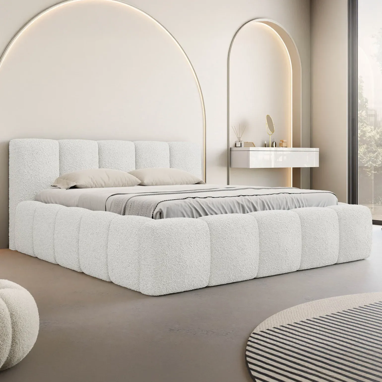 Letto oversize 180x200cm con rete contenitore imbottito tessuto bouclé bianco Aluna