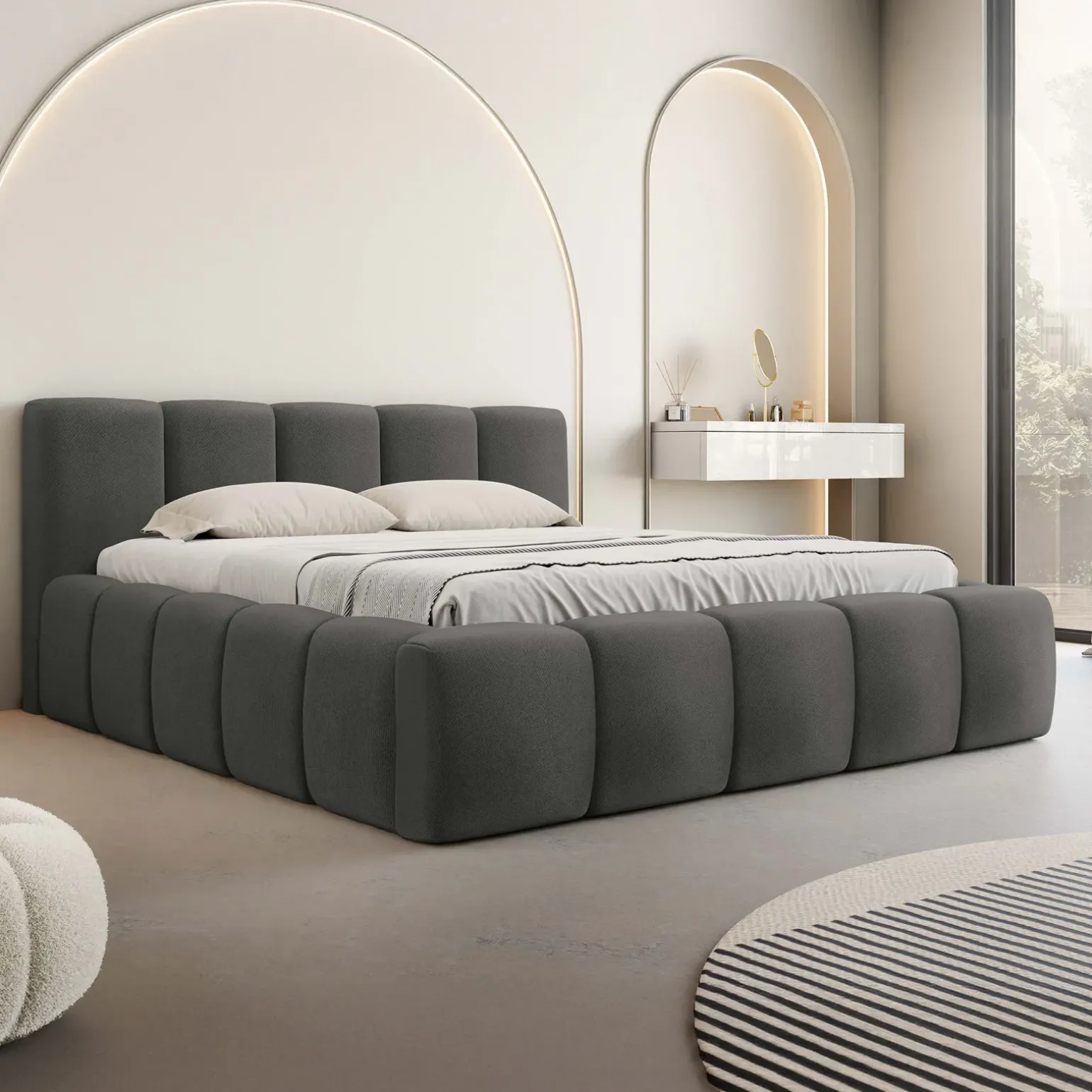 Letto oversize 180x200cm con rete contenitore imbottito grigio scuro Aluna