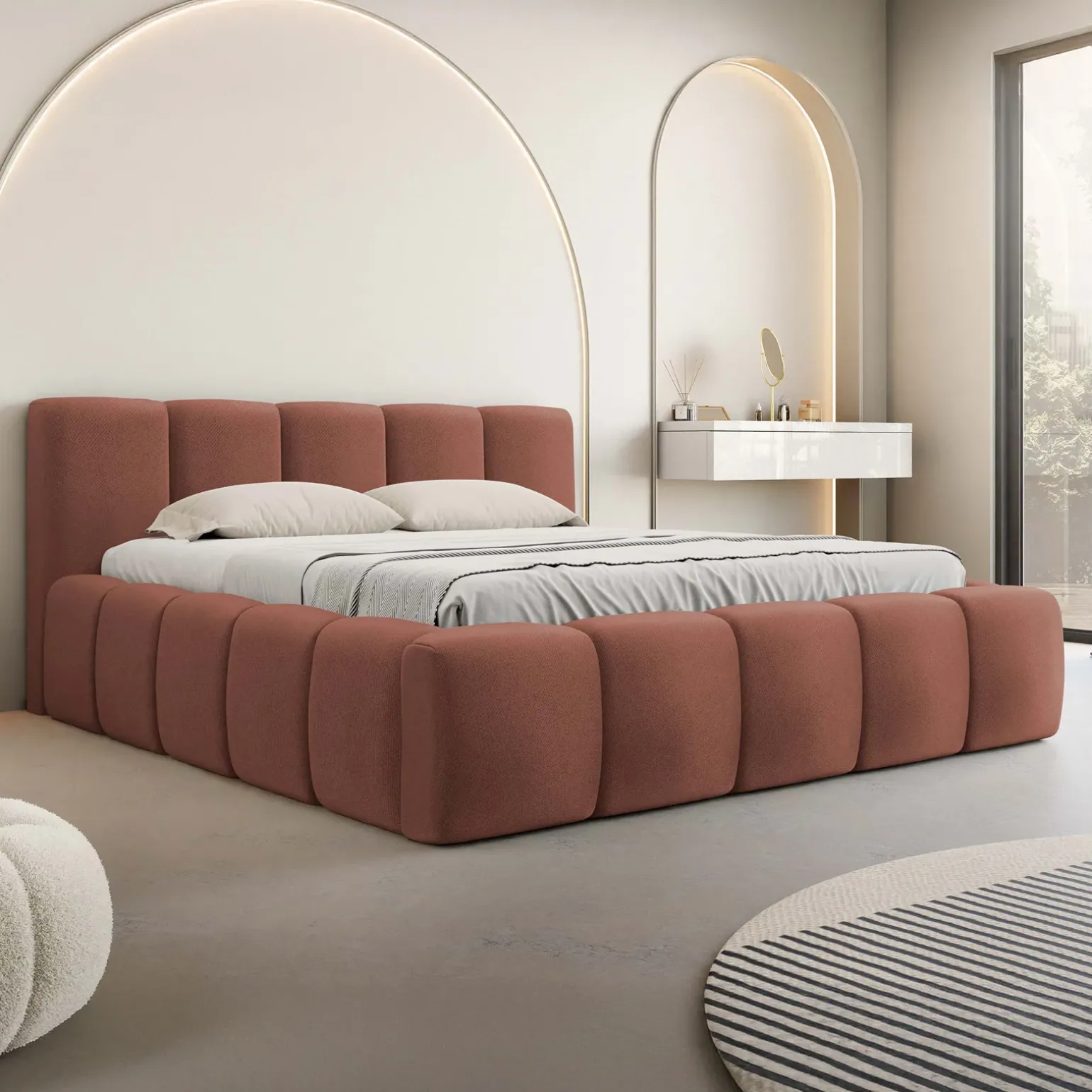 Letto oversize 180x200cm con rete contenitore imbottito rosso mattone Aluna