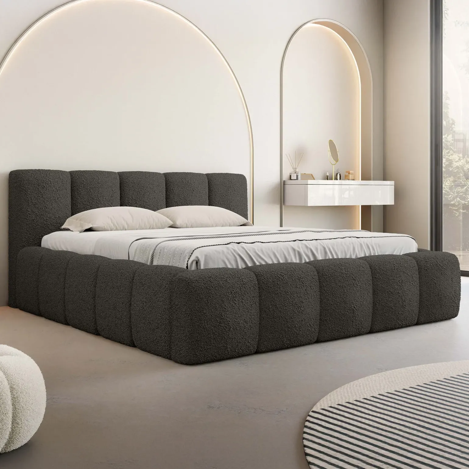 Letto oversize 180x200cm con rete contenitore imbottito tessuto bouclé nero Aluna