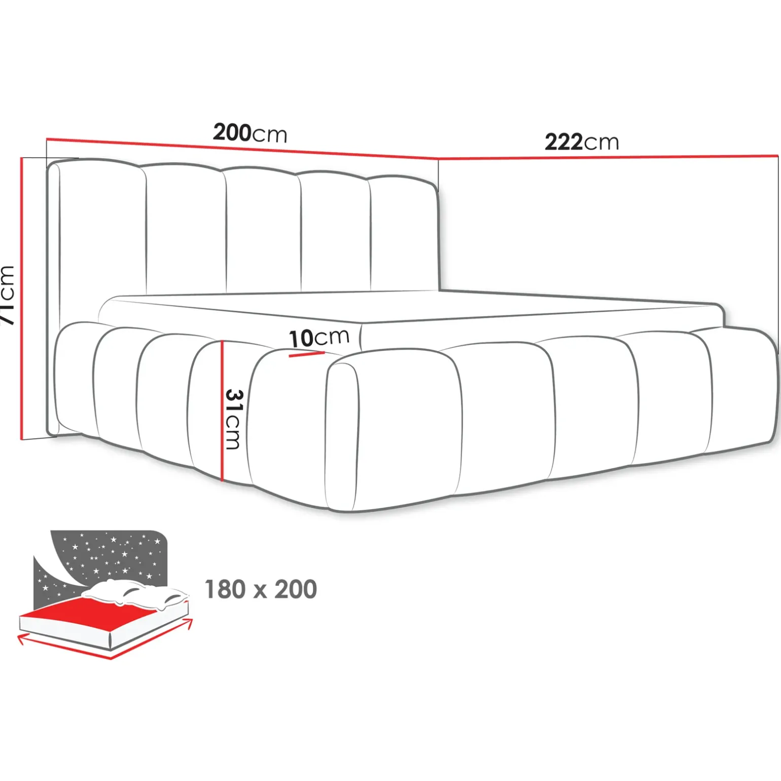 Letto oversize 180x200cm con rete contenitore imbottito tessuto bouclé nero Aluna