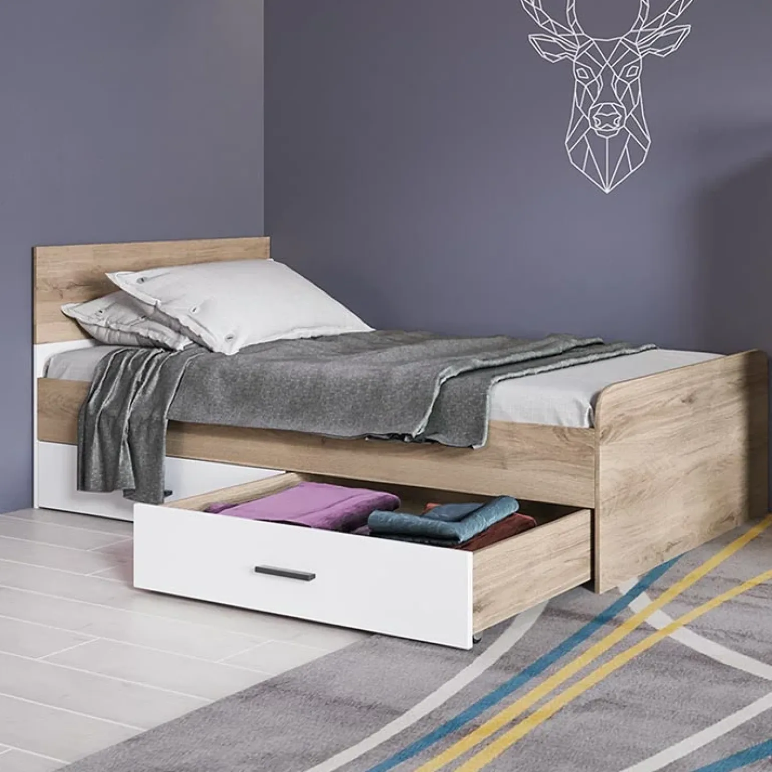 Letto singolo 90x200cm con 2 cassetti rovere bianco opaco Fabrizio