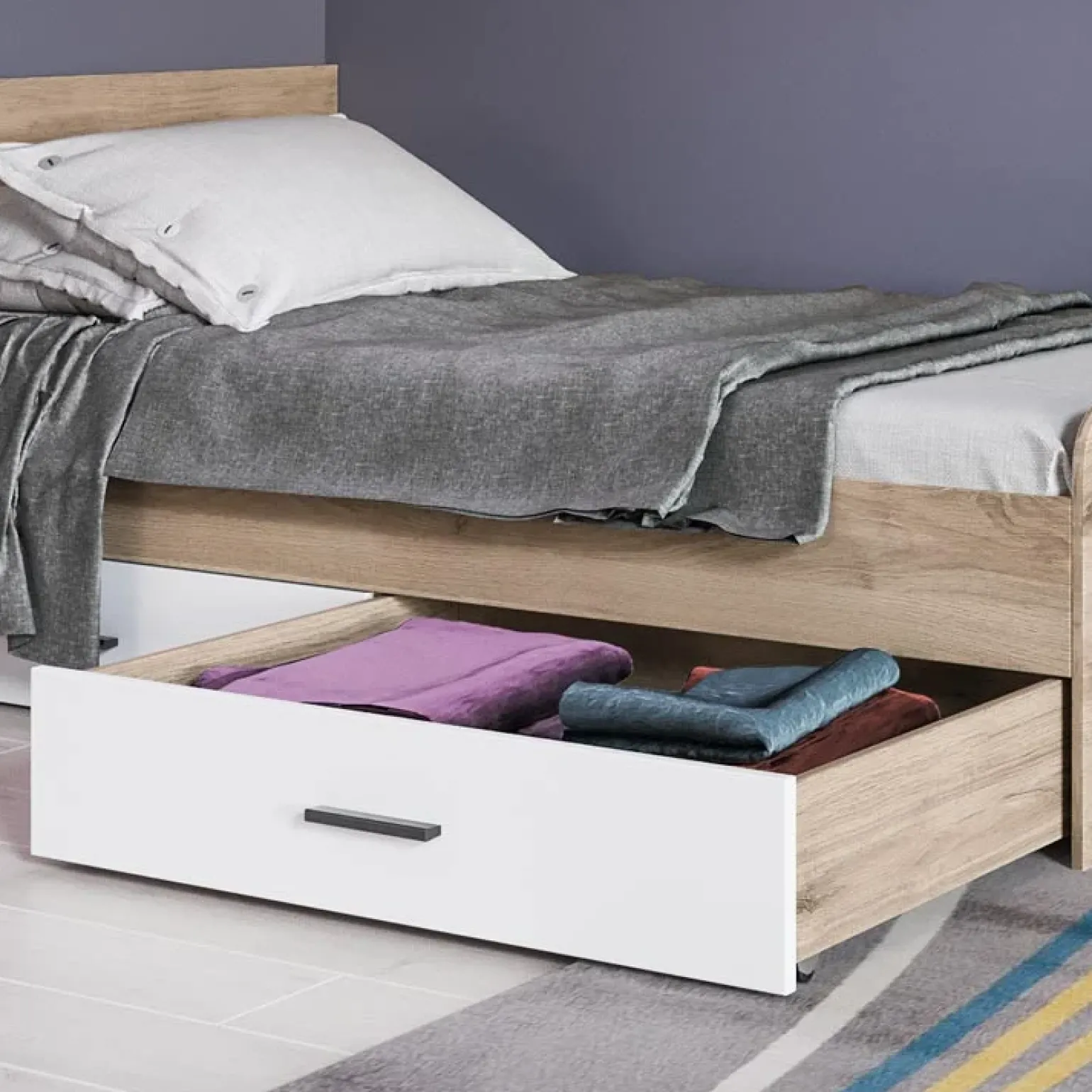 Letto singolo 90x200cm con 2 cassetti rovere bianco opaco Fabrizio