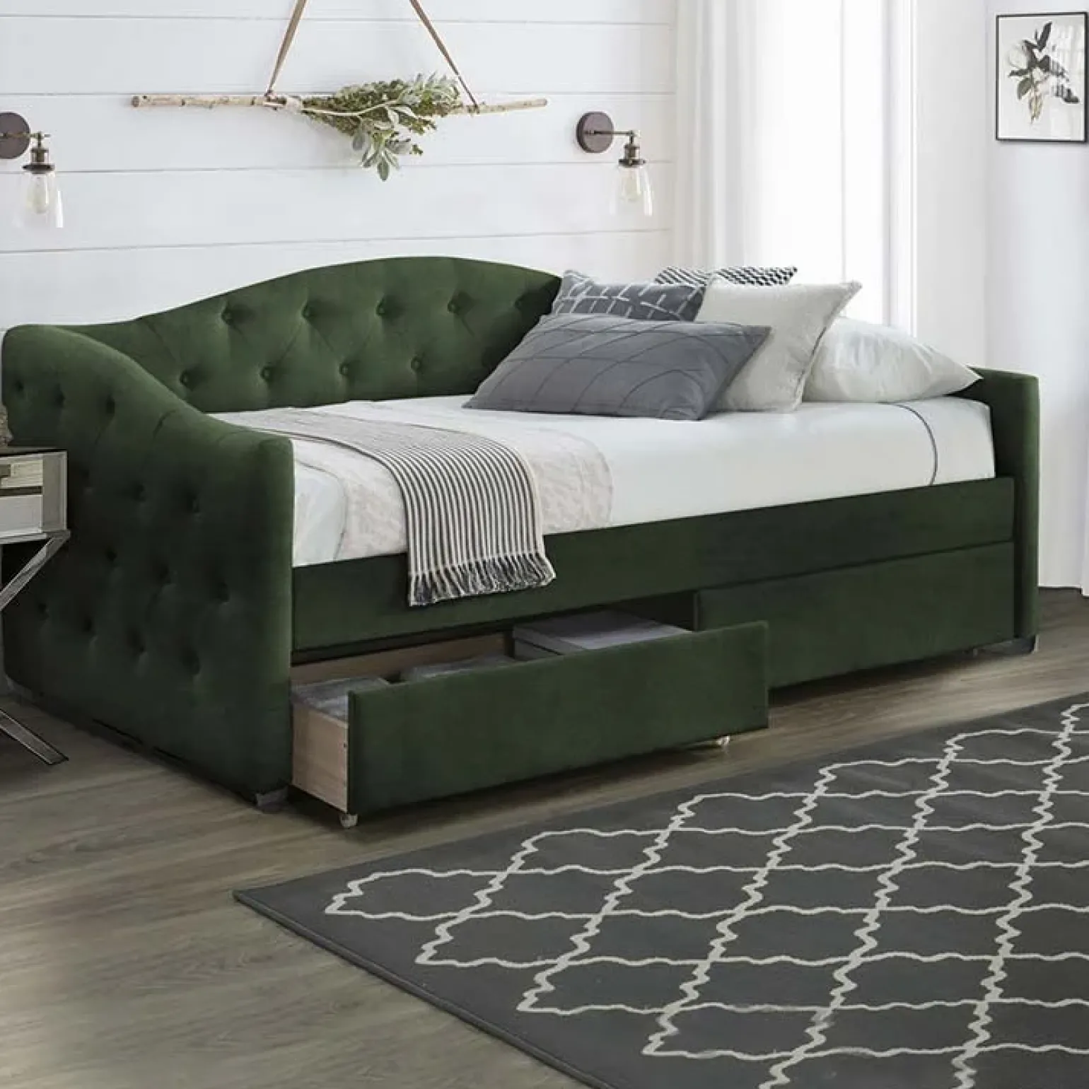 Letto singolo 90x200cm con cassetti in velluto verde Epic