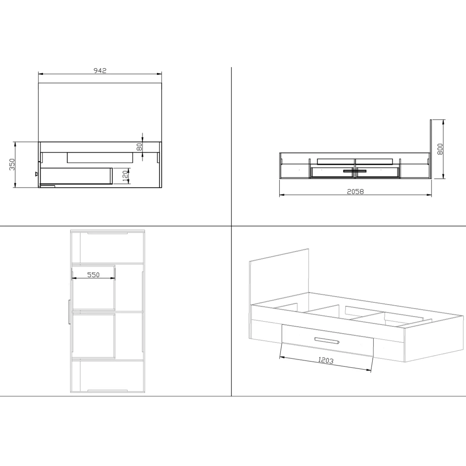 Letto singolo 90x200cm moderno rovere antracite Chiaretto