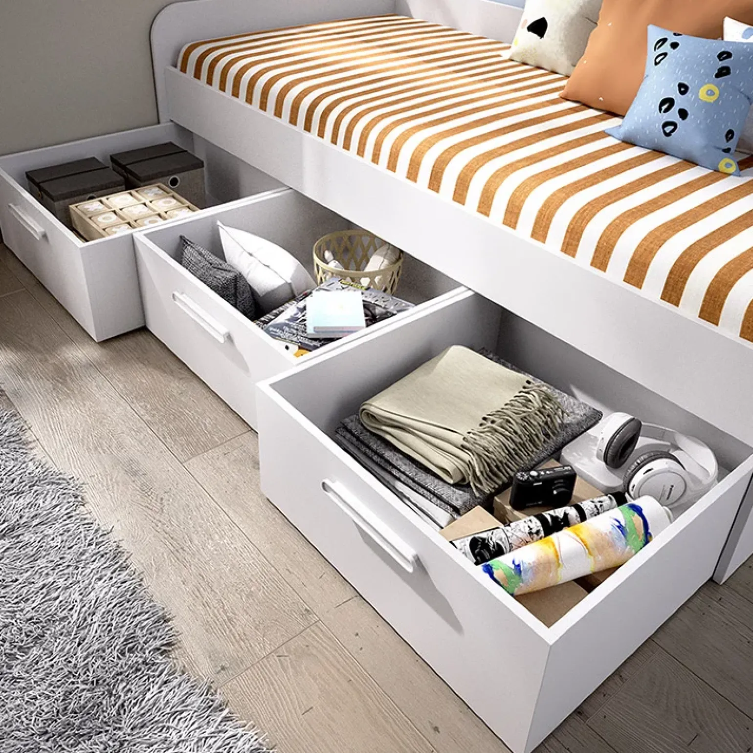 Letto singolo 90x190cm per bambini legno bianco 3 cassetti Alvaro