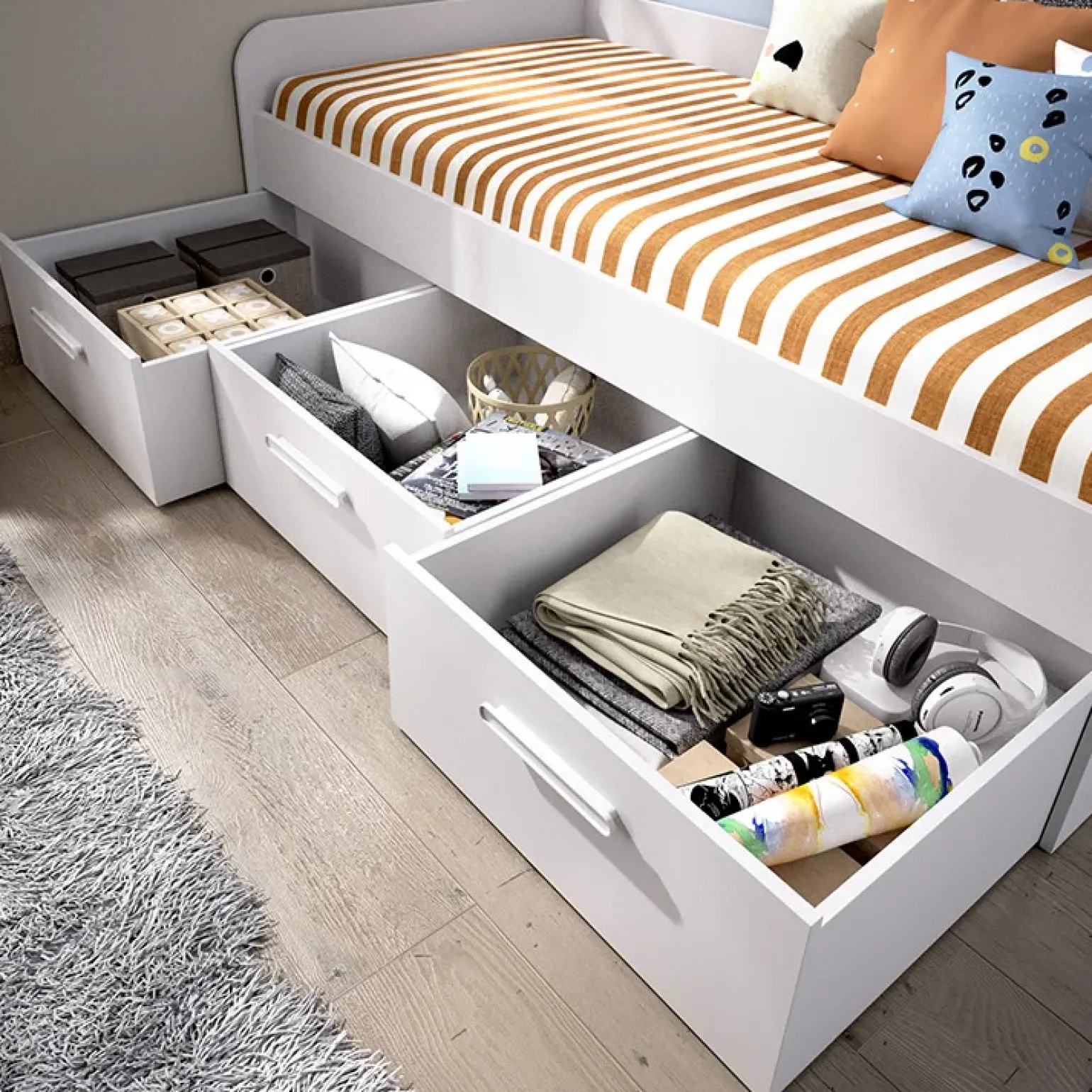 Letto singolo 90x190cm per bambini legno bianco 3 cassetti Alvaro