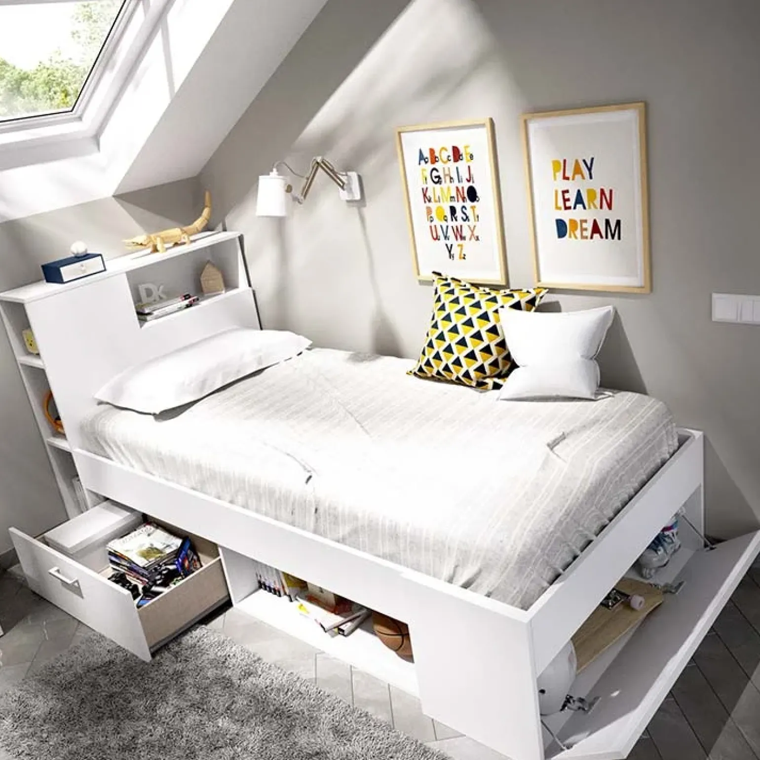Letto singolo 90x190cm reversibile 2 cassetti con libreria bianco Derby