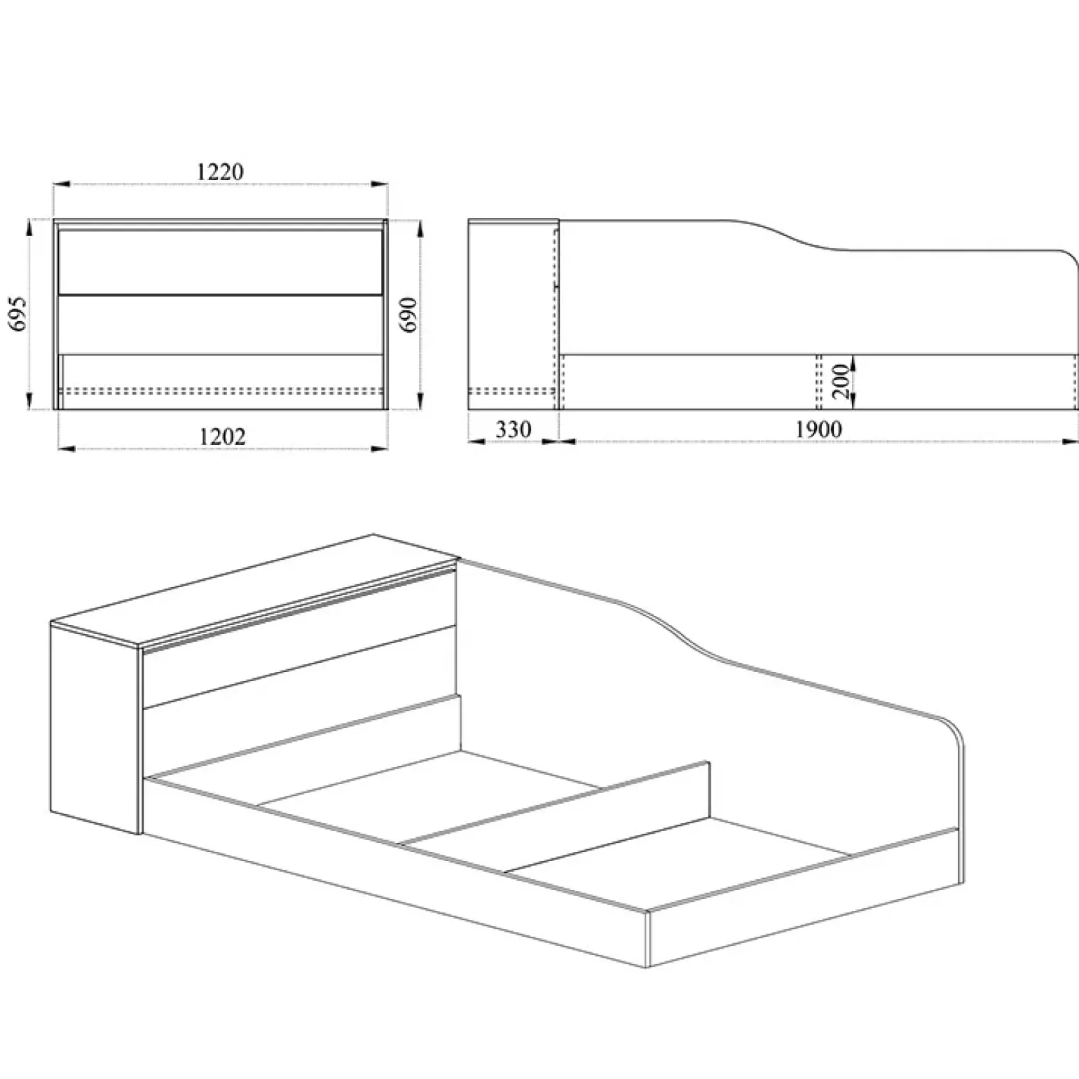 Letto una piazza e mezza contenitore 120x190cm con comò noce Joel