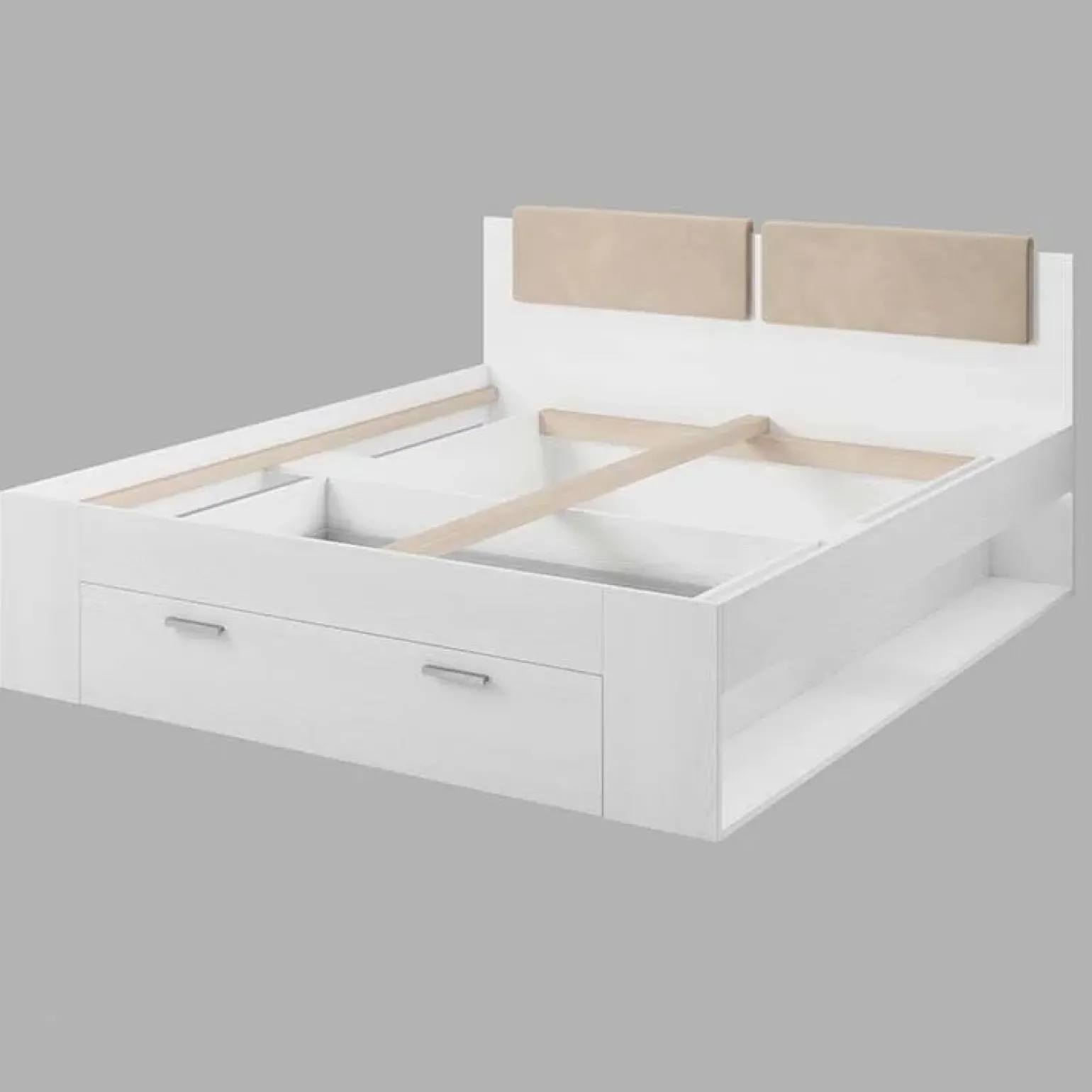 Letto 140x200cm alla francese con cassettone e pino bianco beige Cortina