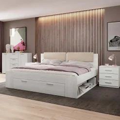 Letto 140x200cm alla francese con cassettone e pino bianco beige Cortina