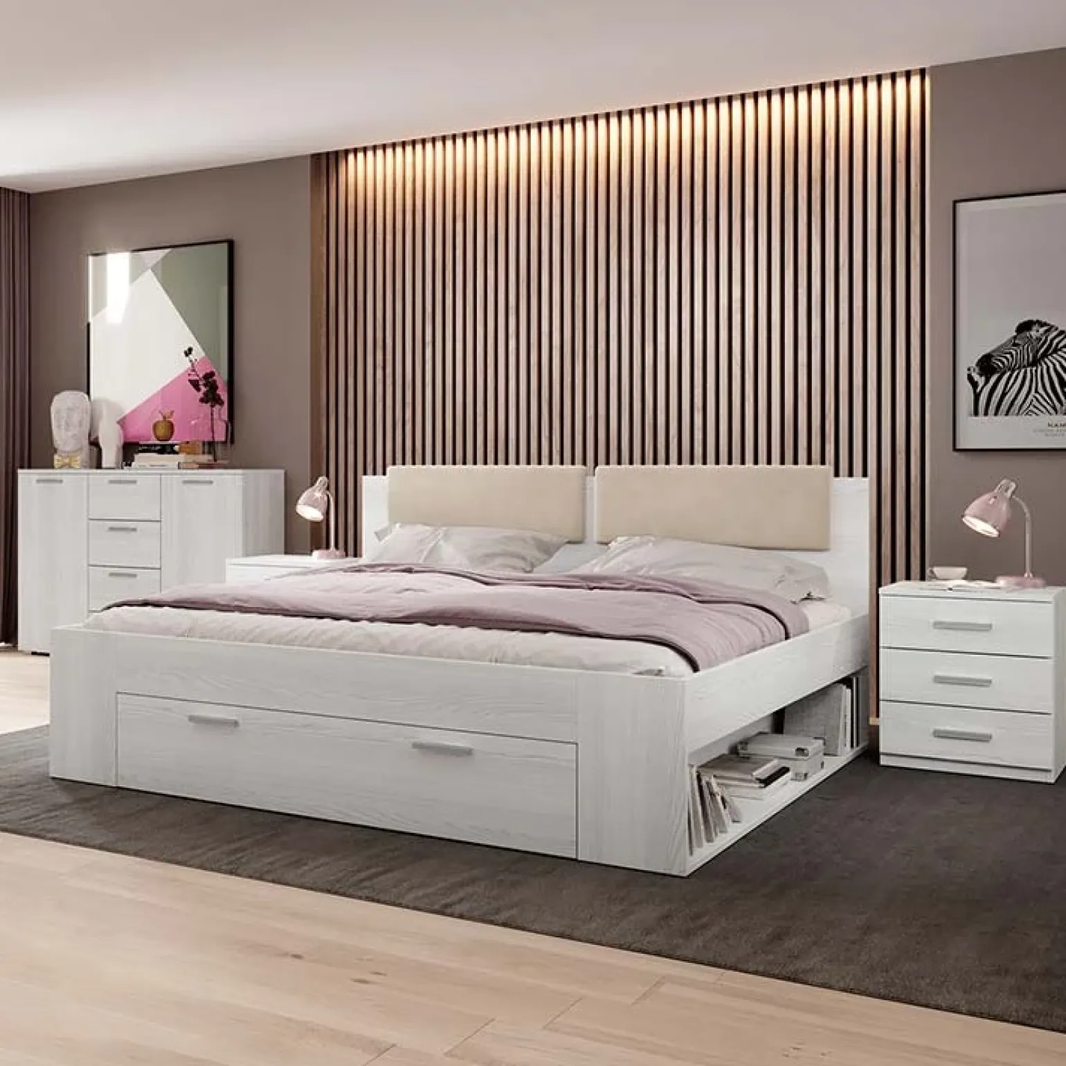 Letto 140x200cm alla francese con cassettone e pino bianco beige Cortina