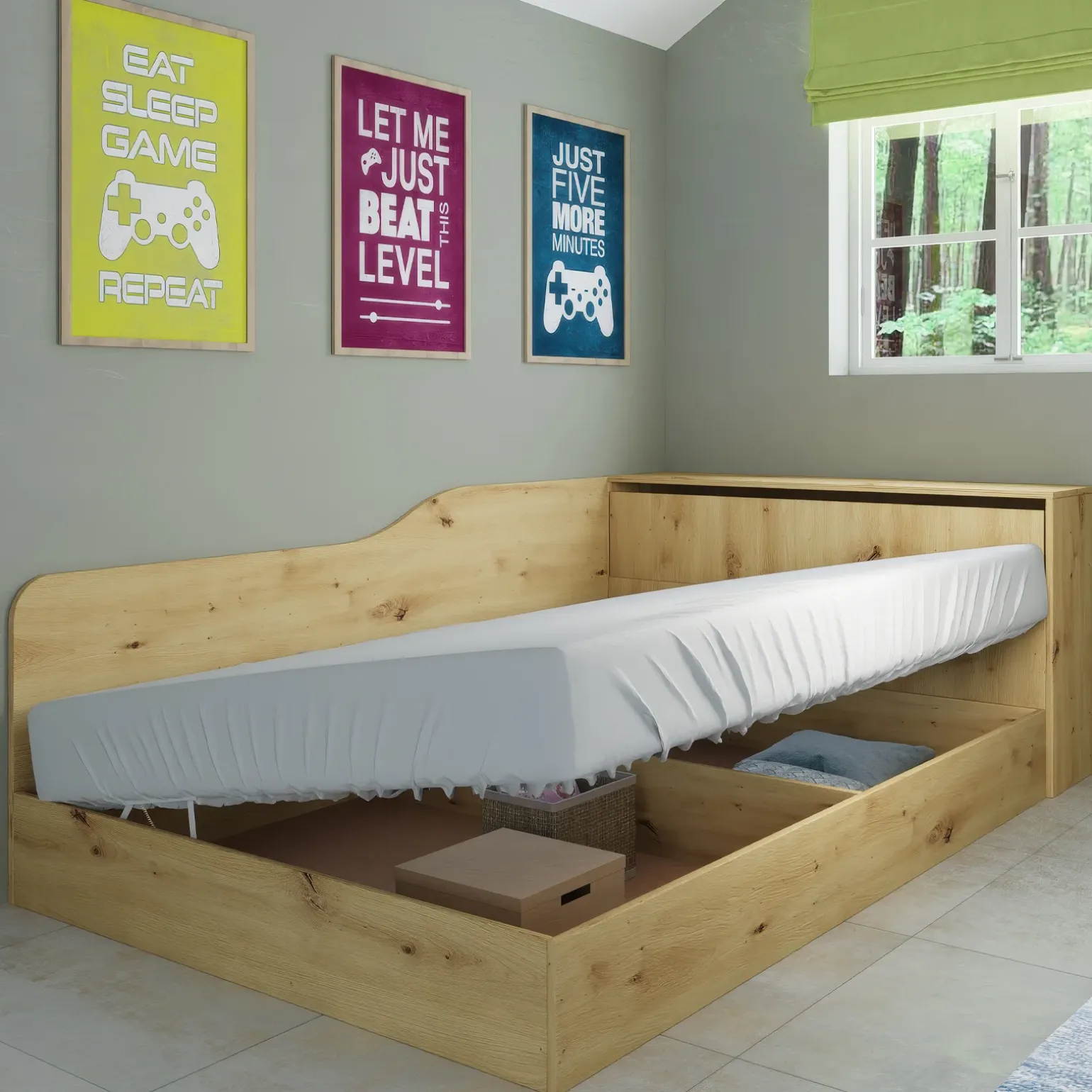 Letto 120x190cm contenitore una piazza e mezza con comò rovere rustico Joel