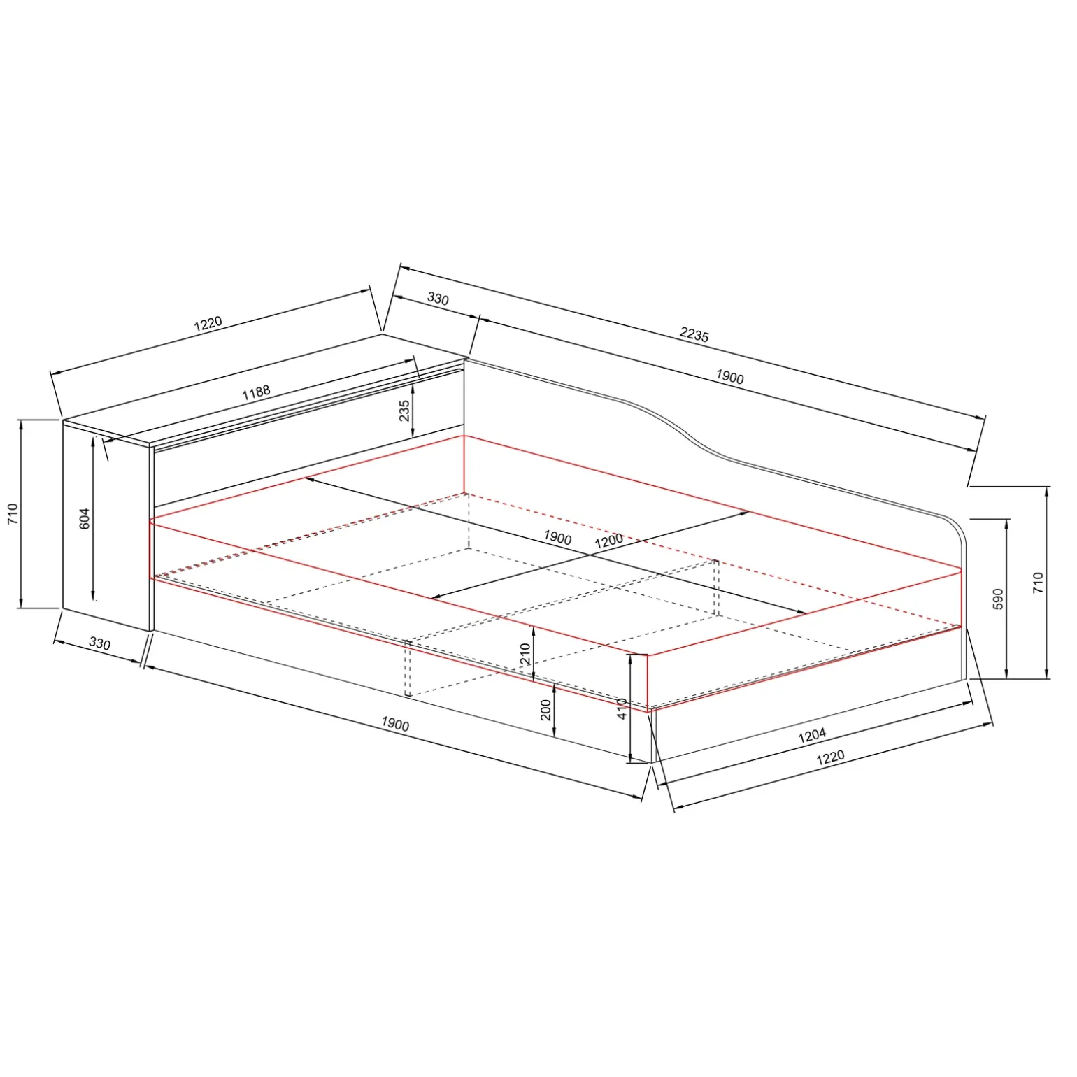 Letto 120x190cm contenitore una piazza e mezza con comò rovere rustico Joel