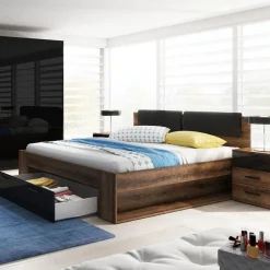 Letto 160x200cm matrimoniale con cassettone rovere nero lucido Cortina Gihome®