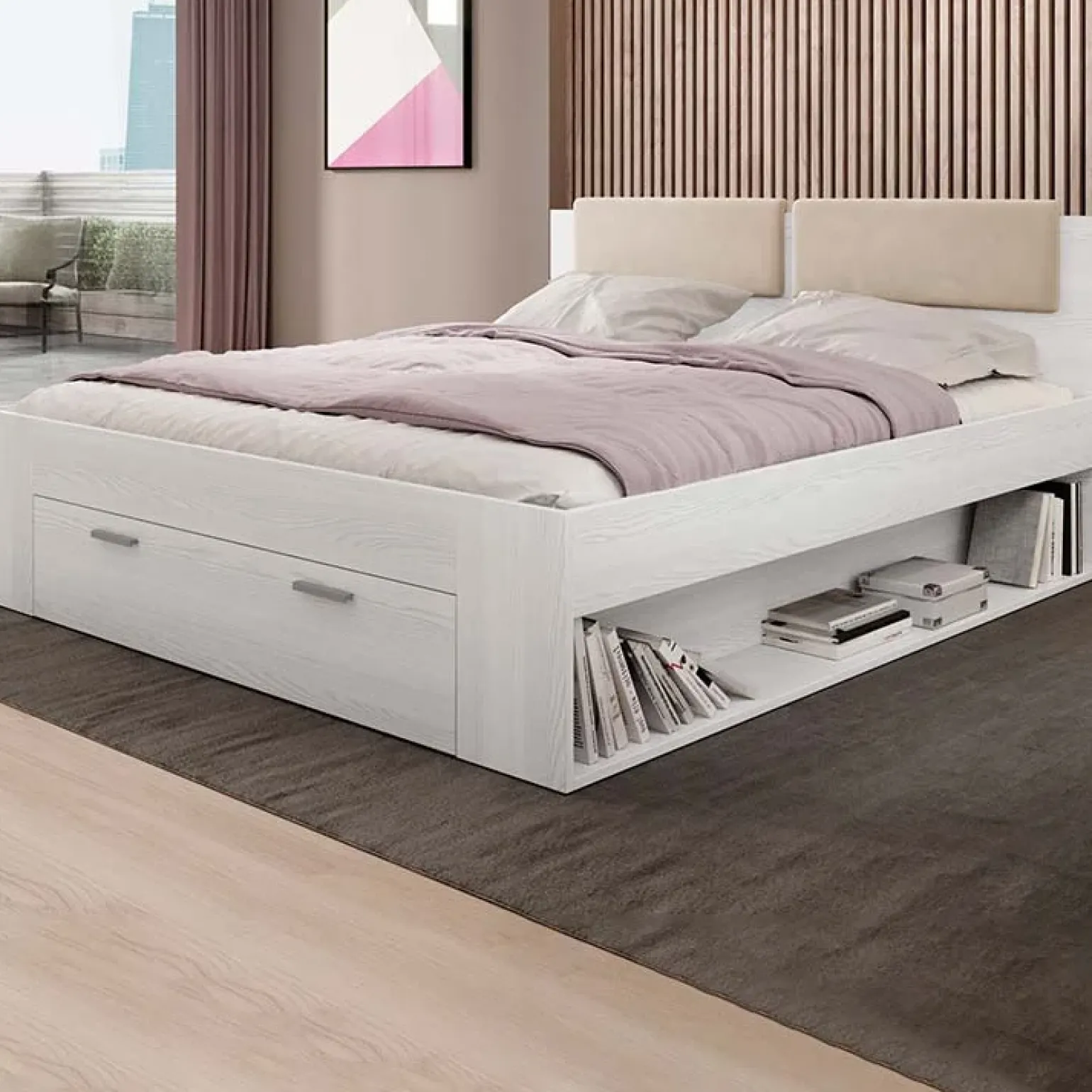 Letto 160x200cm matrimoniale con cassettone pino bianco beige Cortina