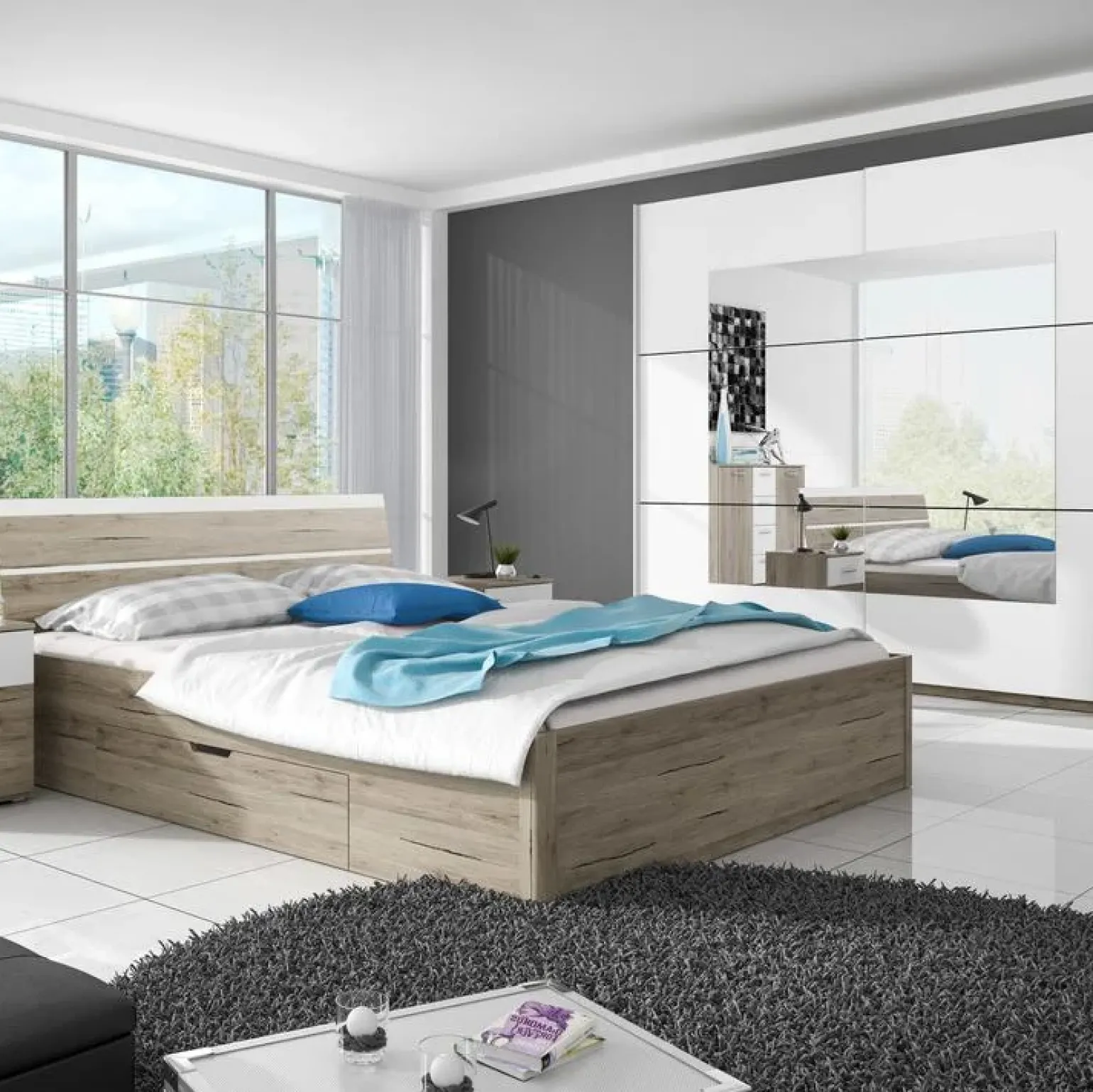 Letto 160x200cm matrimoniale moderno rovere bianco Copenhagen
