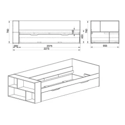 Letto 90x200cm singolo estraibile con libreria reversibile rovere Claudio