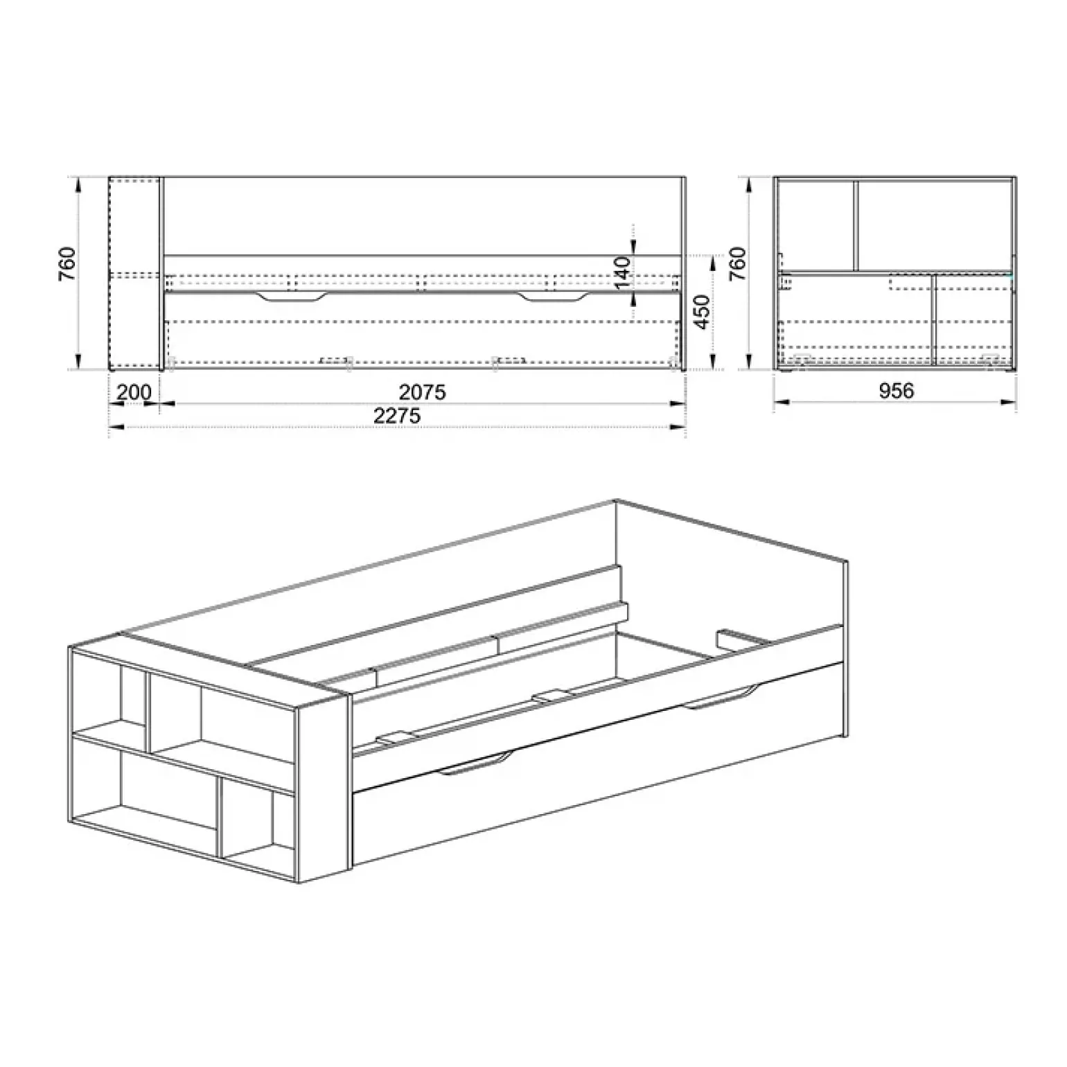 Letto 90x200cm singolo estraibile con libreria reversibile rovere Claudio