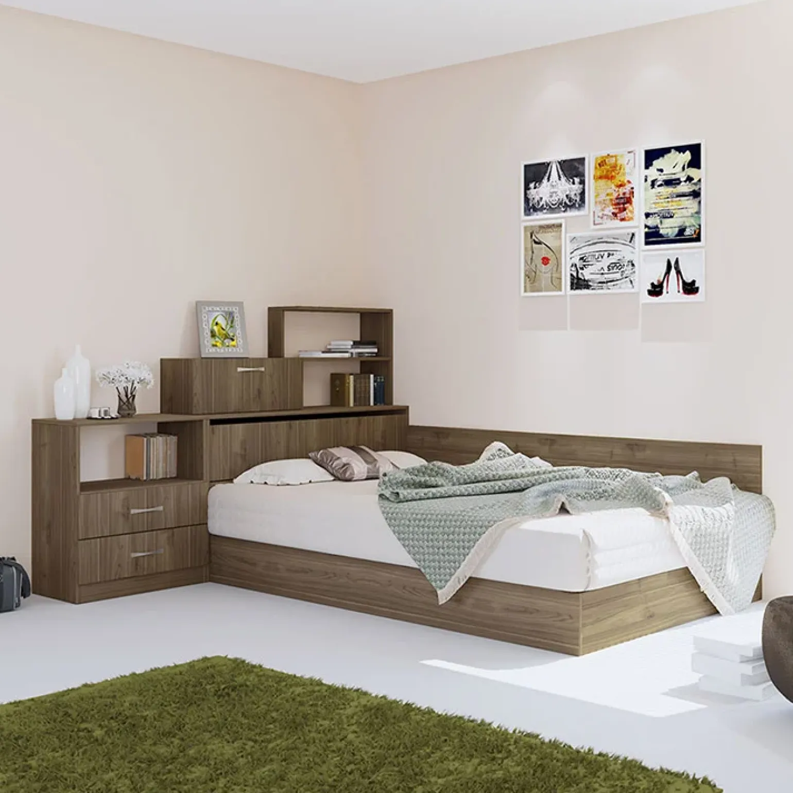 Letto 120x190cm una piazza e mezza con libreria e comò noce Manzoni