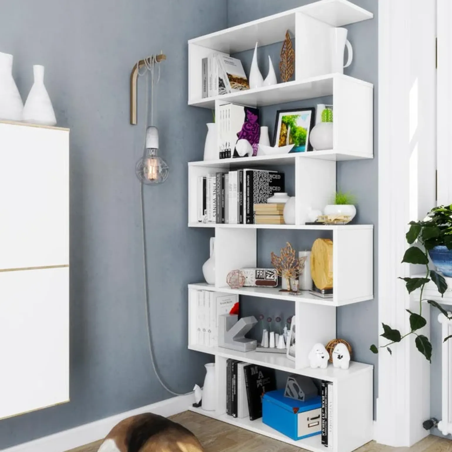 Libreria da parete 320x192h cm moderna soggiorno bianco opaco Amira
