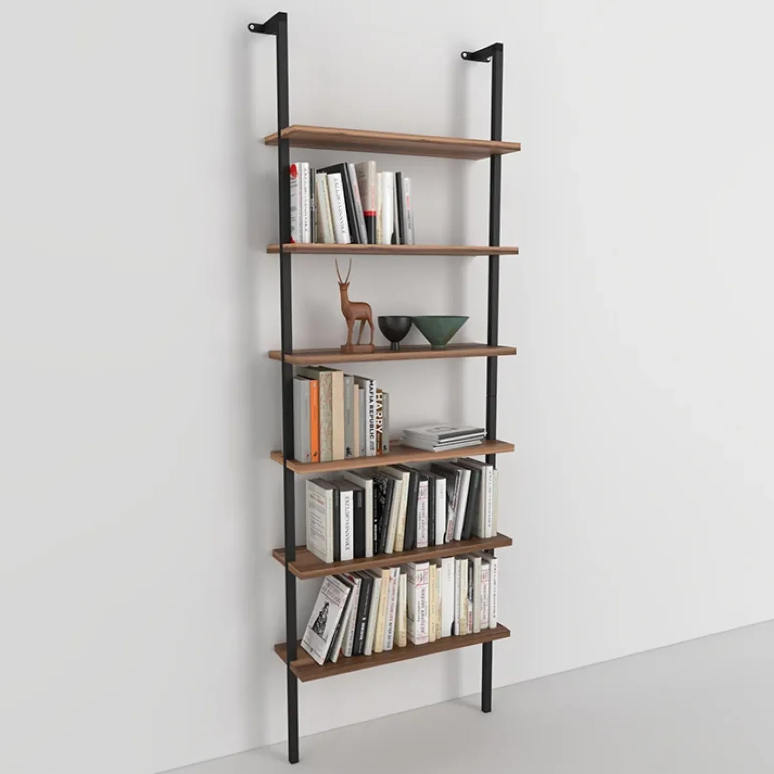Libreria da parete 60x183h cm con ripiani industrial noce metallo nero Biak