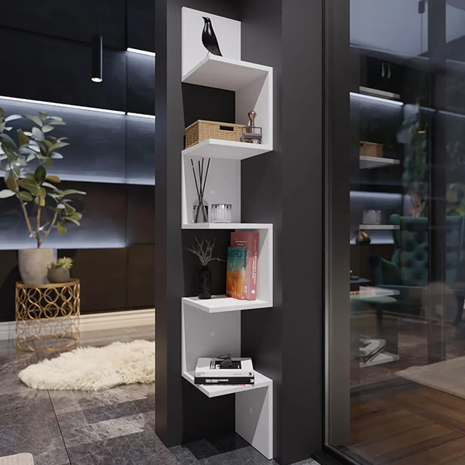 Libreria da parete 24x151h cm 5 ripiani a giorno moderna bianco Siri