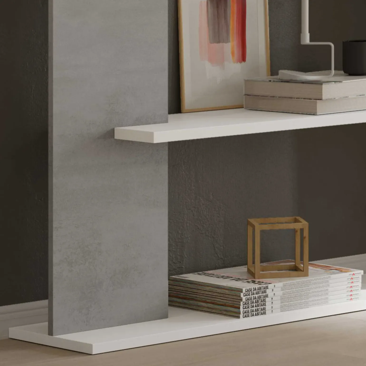 Libreria da parete 360x180h cm soggiorno bianco opaco cemento Aline