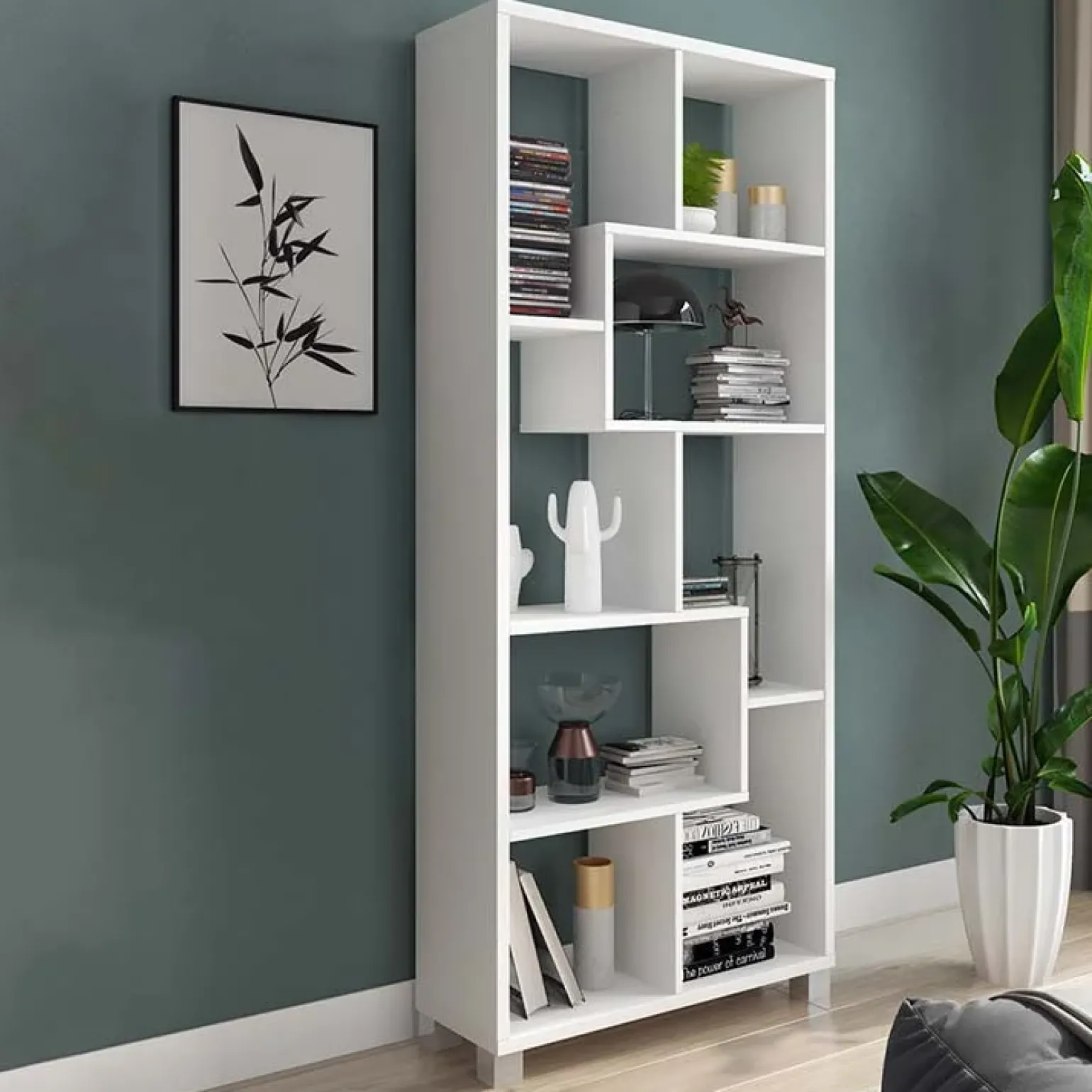 Libreria orizzontale 156x74h cm moderna soggiorno multiposizione bianco frassinato Eliza