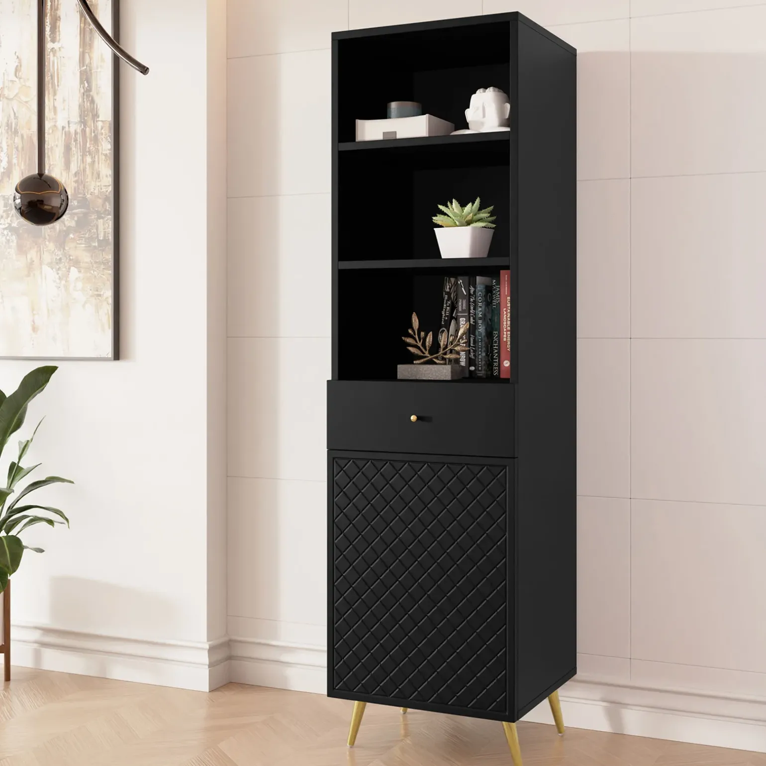 Libreria 50x177h cm 1 anta 3 vani 1 cassetto con frontali decorati nero Simona