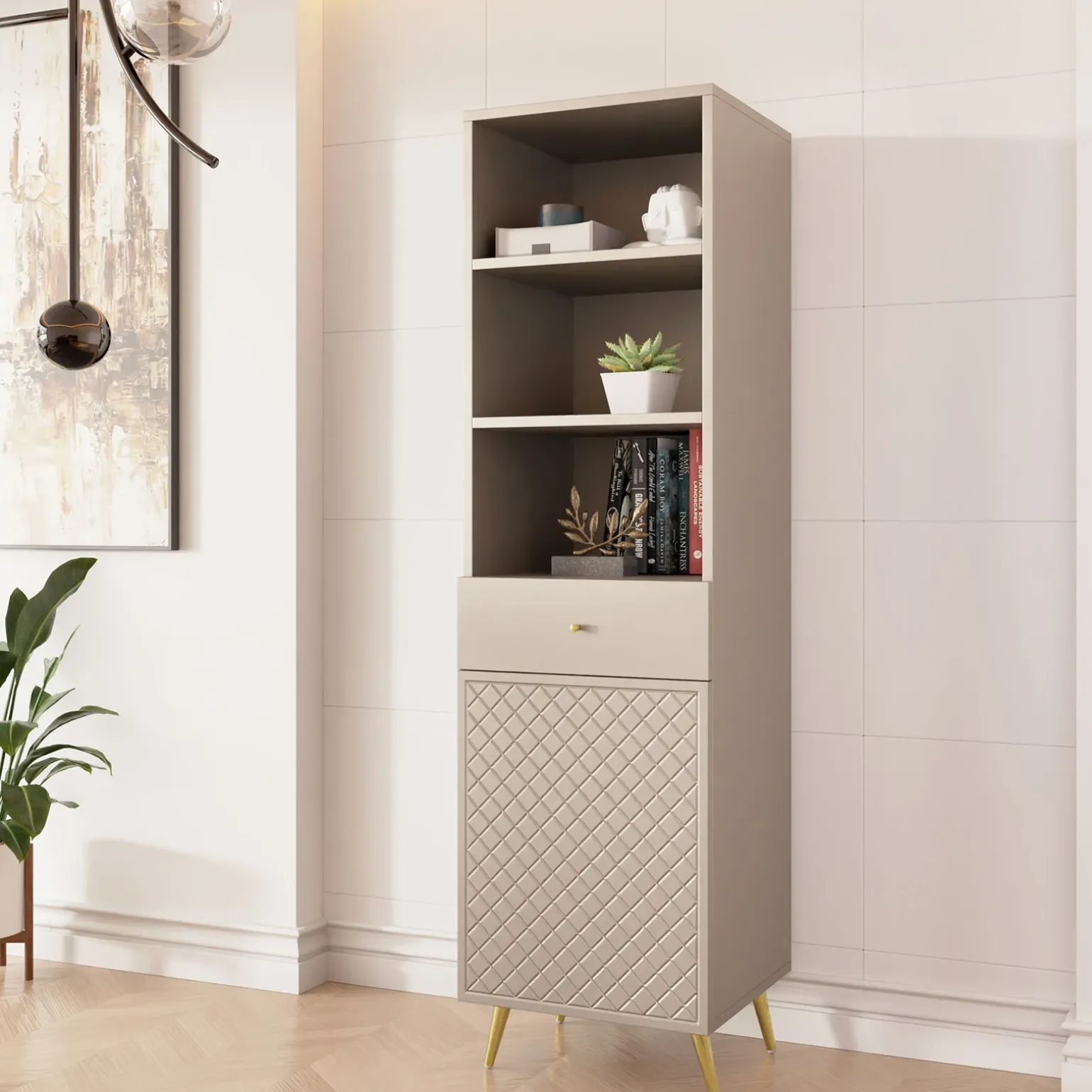 Libreria 50x177h cm 1 anta 3 vani 1 cassetto con frontali decorati beige Simona