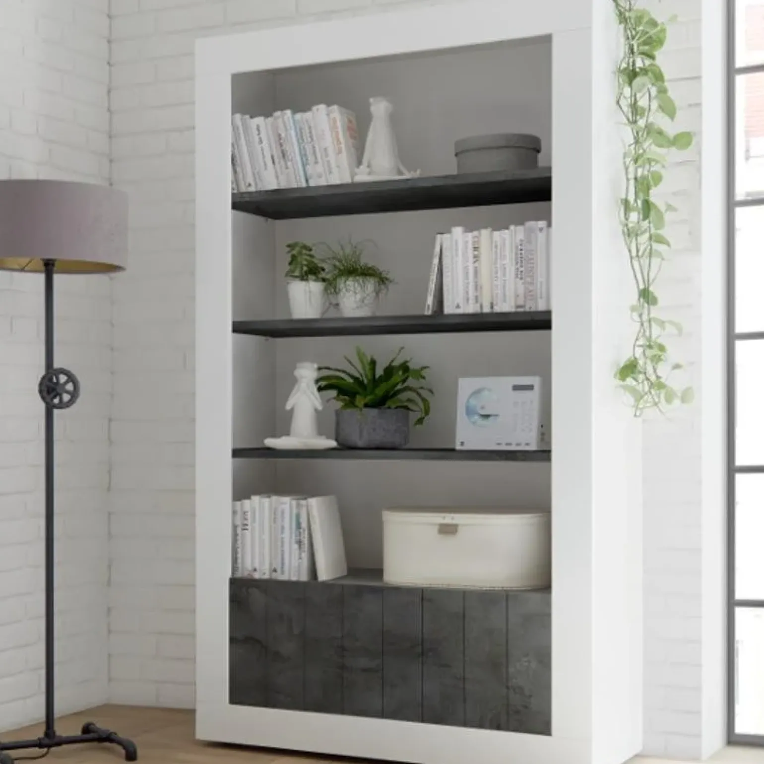 Libreria 110x190h cm 2 ante con ripiani moderna bianco lucido ossido Florena