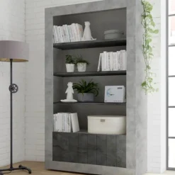 Libreria 110x190h cm 2 ante con ripiani cemento ossido Florena