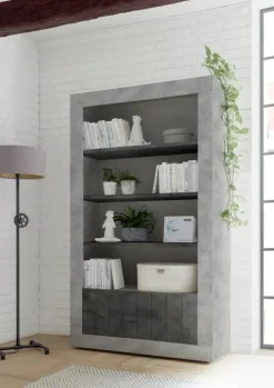 Libreria 110x190h cm 2 ante con ripiani cemento ossido Florena