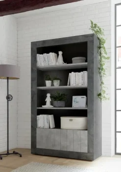 Libreria 110x190h cm 2 ante moderna ossido cemento Florena