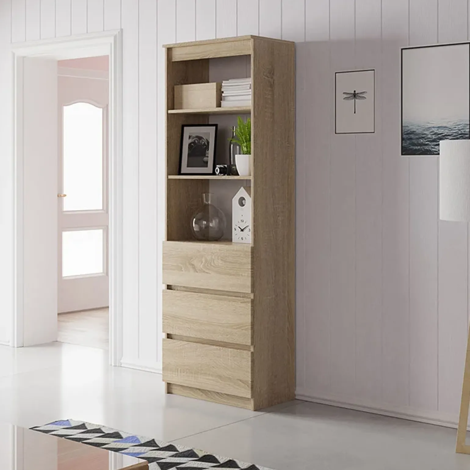 Libreria 60x180h cm 3 vani a giorno 3 cassetti moderna rovere Sterling