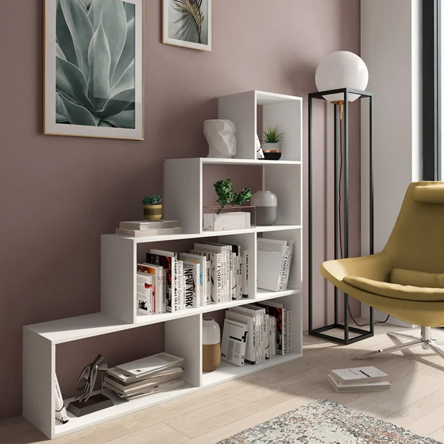 Libreria 145x143h cm a giorno moderna design bianco opaco Katy