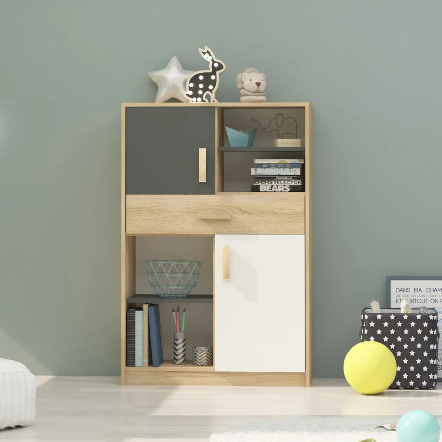 Libreria 80x120h cm con cassetto cameretta rovere antracite Chiaretto