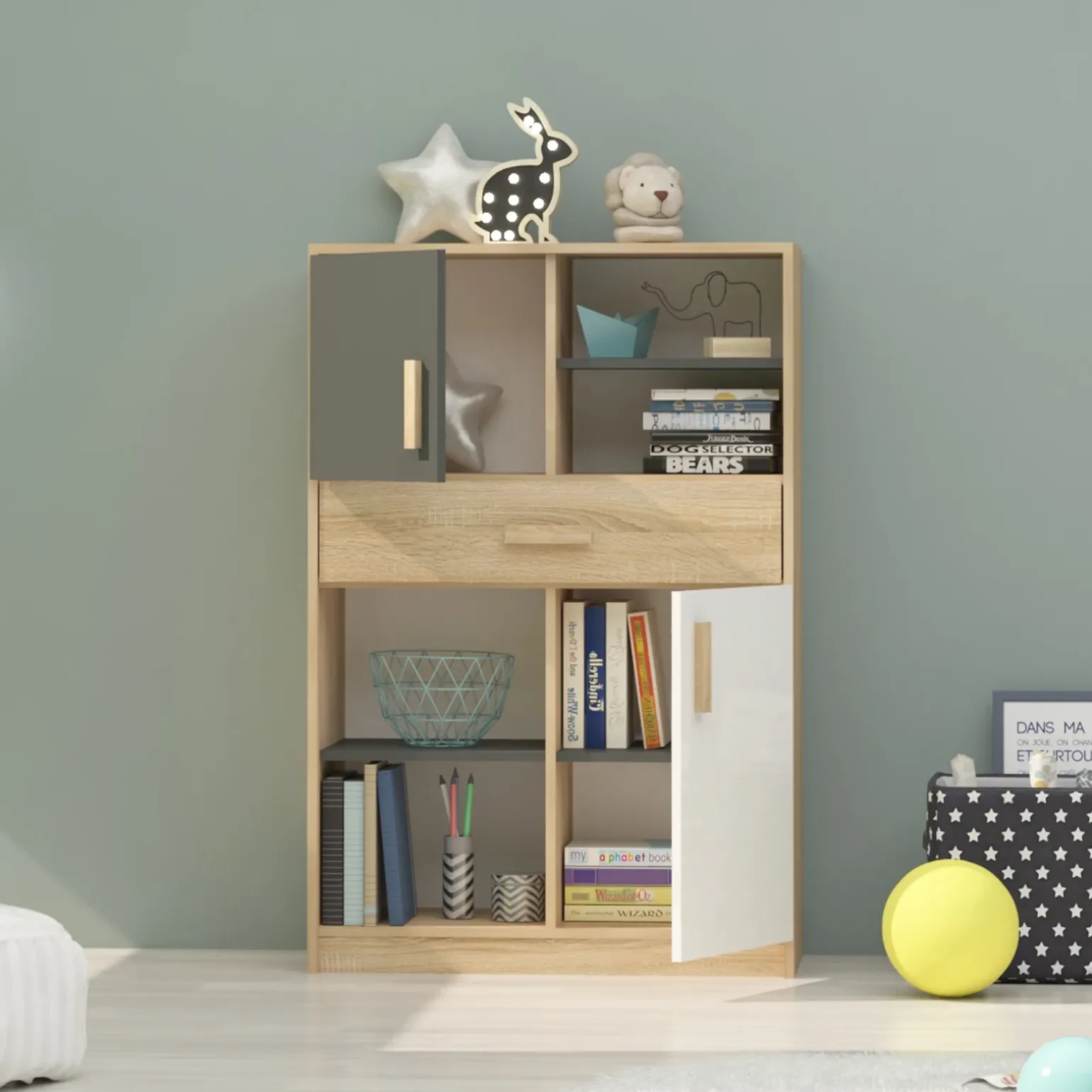 Libreria 80x120h cm con cassetto cameretta rovere antracite Chiaretto